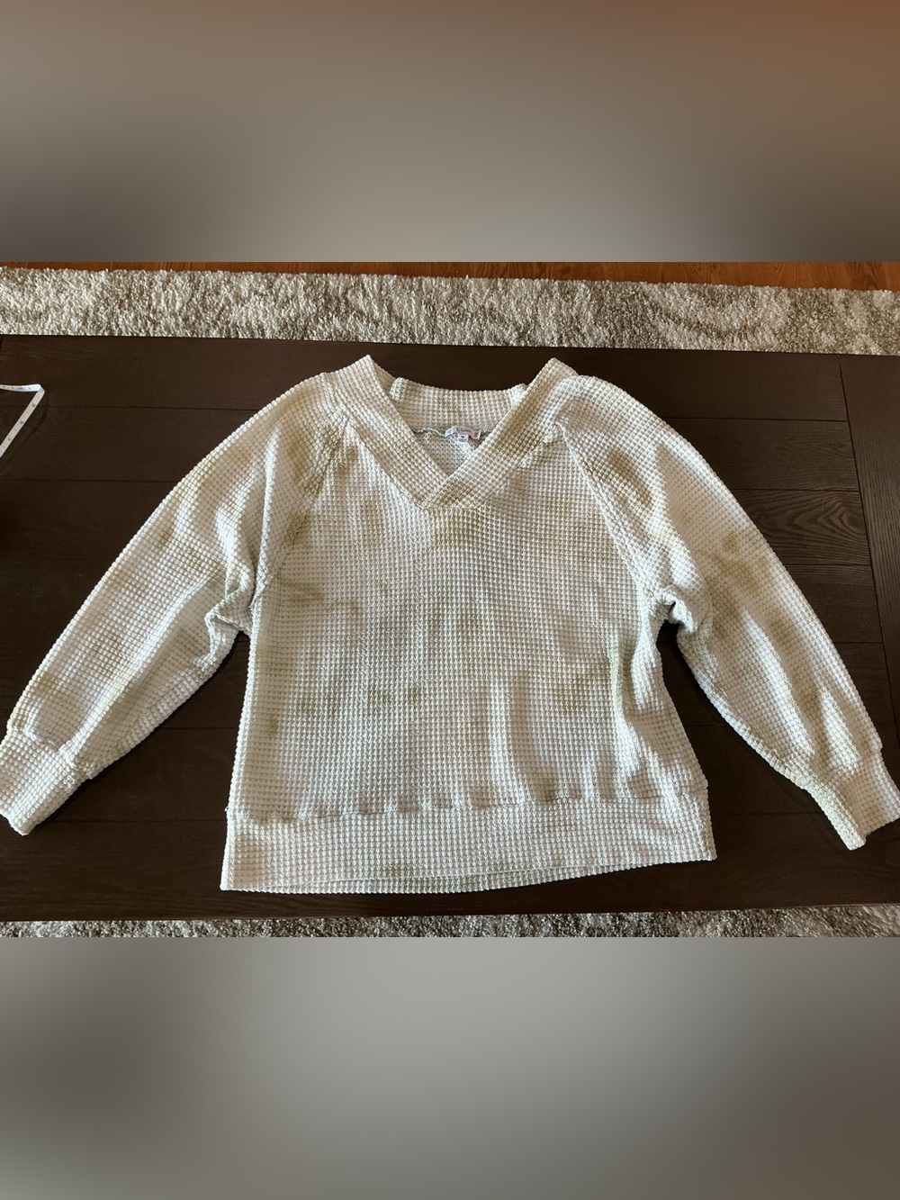 L Love Waffle-Knit V-Neck Sweater - Cream & Green